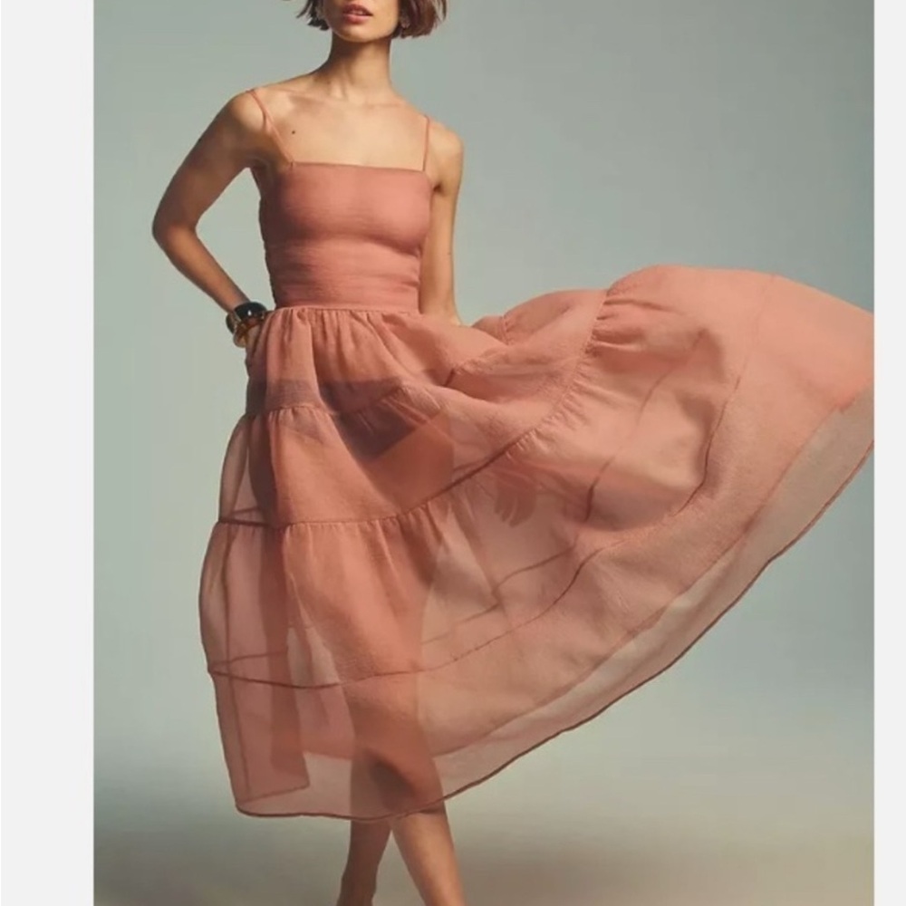 Anthropologie Sheer Tiered Midi Dress in Light Sand